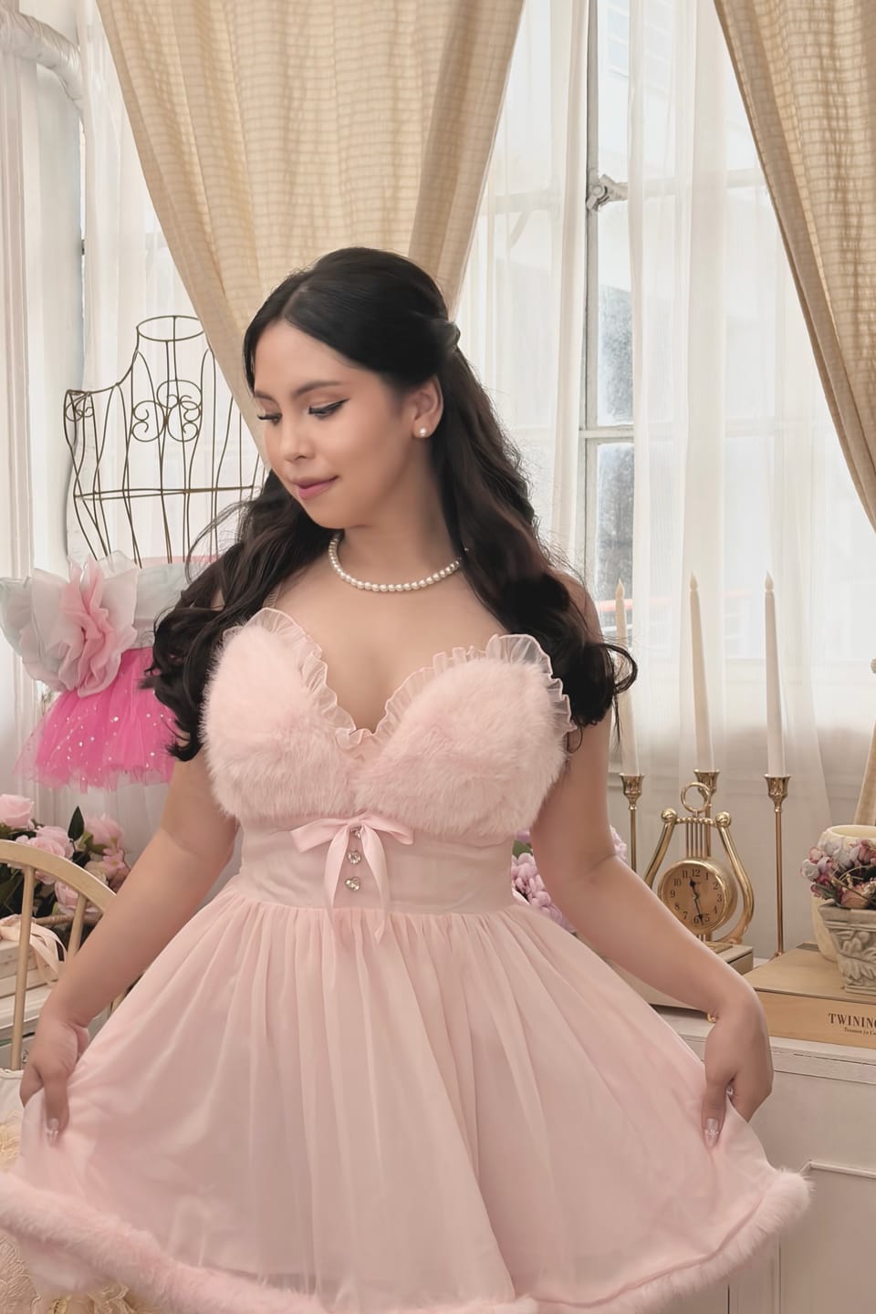 Customer photo review of Rosé Princess Fur Chiffon Babydoll Dress