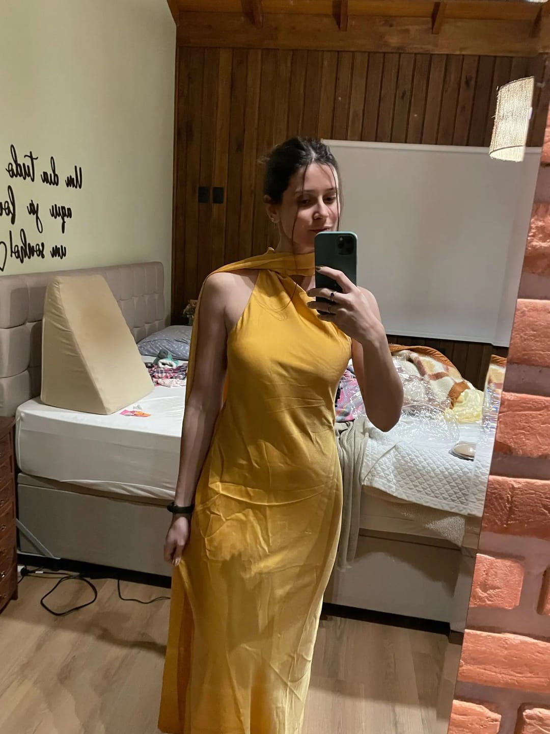 Customer photo review of Beatrice Halter Backless Silk Satin Maxi Dress