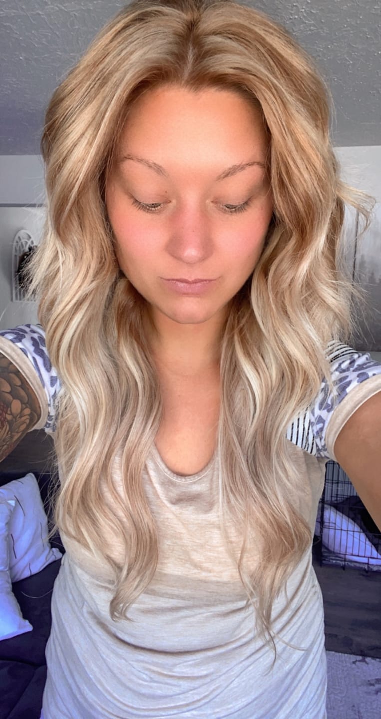 Customer photo review of Virgin XO Invisible Weft Butterfly Weft Extensions Lowlights #P18/613