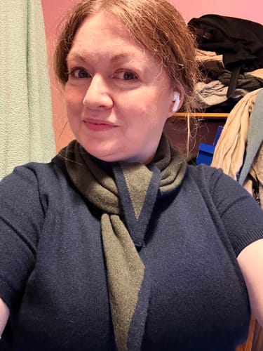 Customer photo review of Brand New Khaki Green and Navy Recycled Cashmere Triangle Scarf