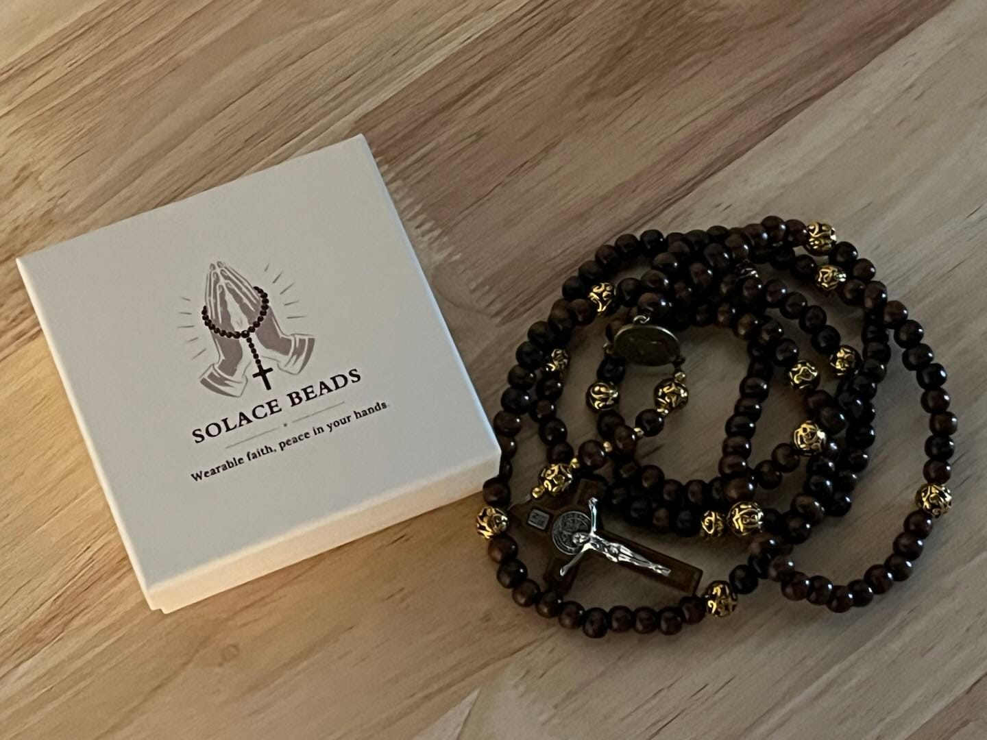 Customer photo review of Solacebeads Maple Wood 15 Decade Rosary: Warm Devotion - Miraculous Medal & Wooden Crucifix