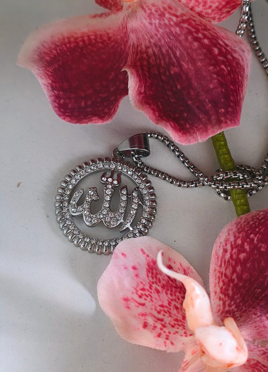 Customer photo review of HilalHaven Lunar Oath Allah Script-Inscribed Crescent Pendant Necklace