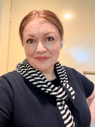 Customer photo review of Brand New Navy and Chalk Striped Recycled Cashmere Triangle Scarf