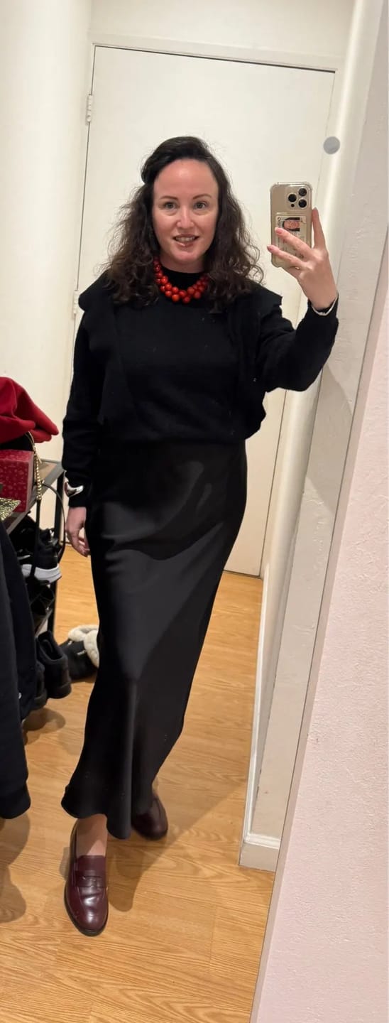 Customer photo review of Anais High Waist Black Satin Midi Skirt