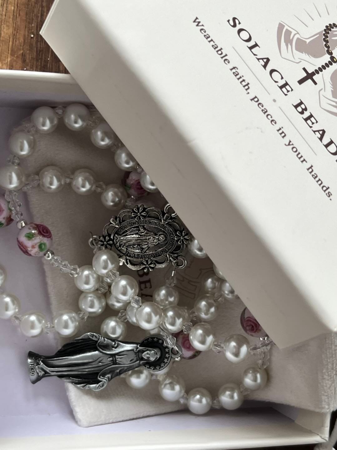 Customer photo review of SolaceBeads Pearl Chaplet With Lampwork Accents & Marian Charm: Devout Spirit
