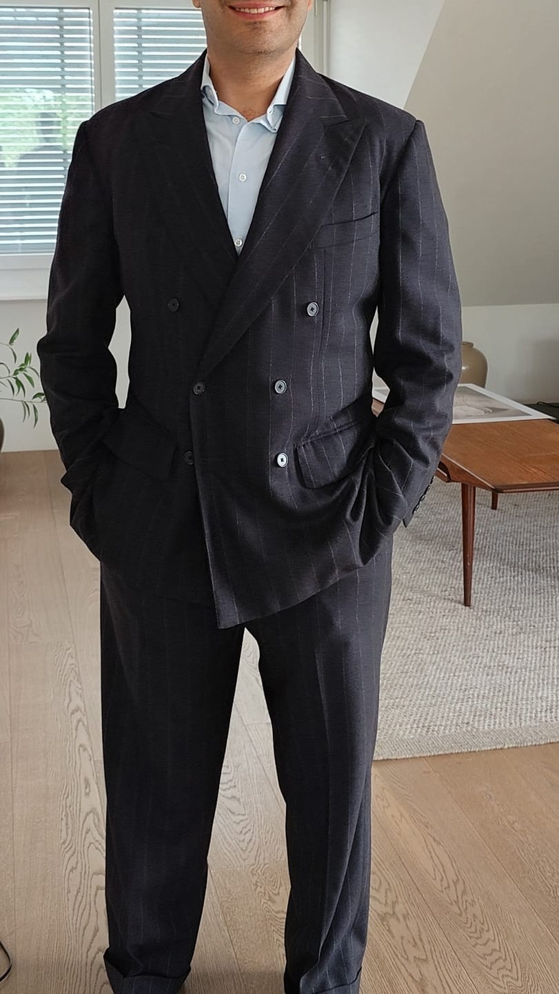Customer photo review of ANDERSON & SHEPPARD Gray Pinstripe Wool DB Bespoke Suit 2 Pairs of Pants