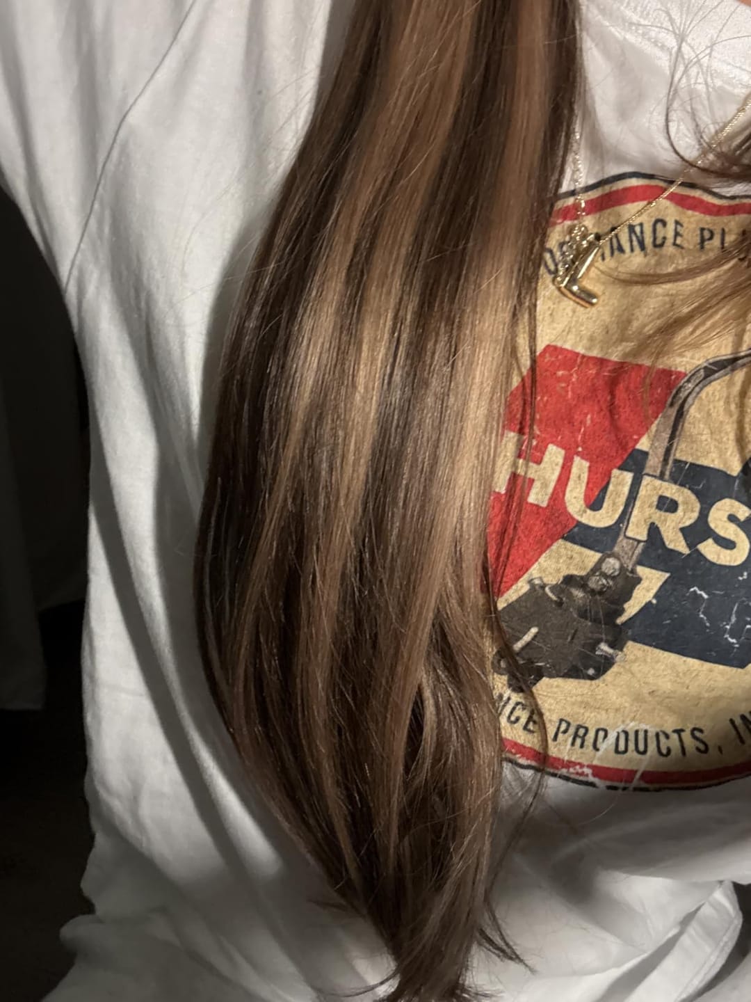 Customer photo review of Virgin Flat Silk Weft Hair Extensions Balayage Brown #BM
