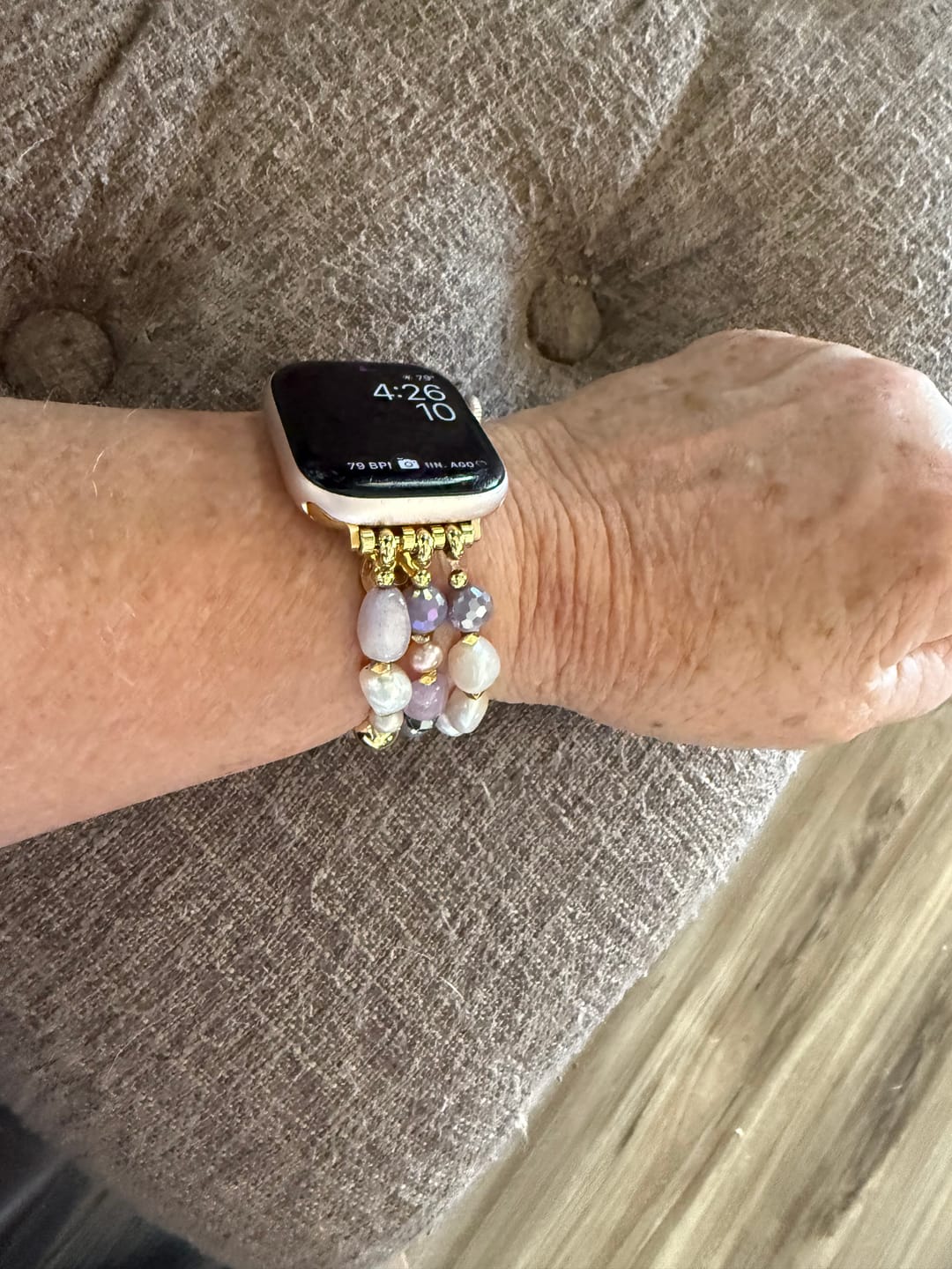 Customer photo review of Amethyst Pearl Cluster Stretch Apple Watch Strap