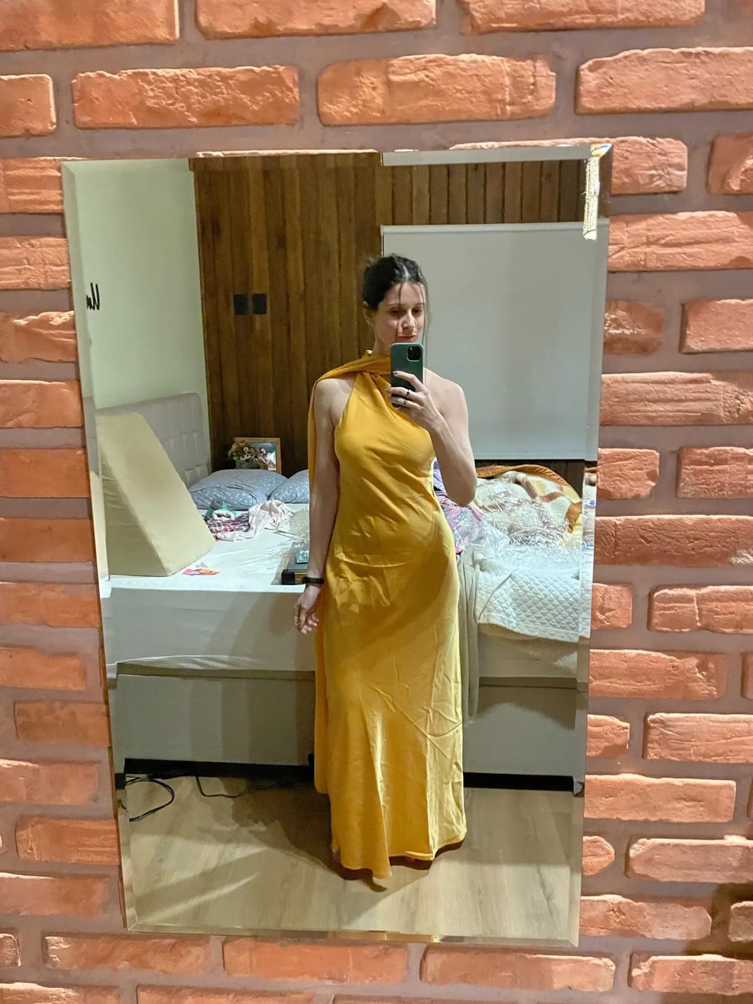 Customer photo review of Beatrice Halter Backless Silk Satin Maxi Dress