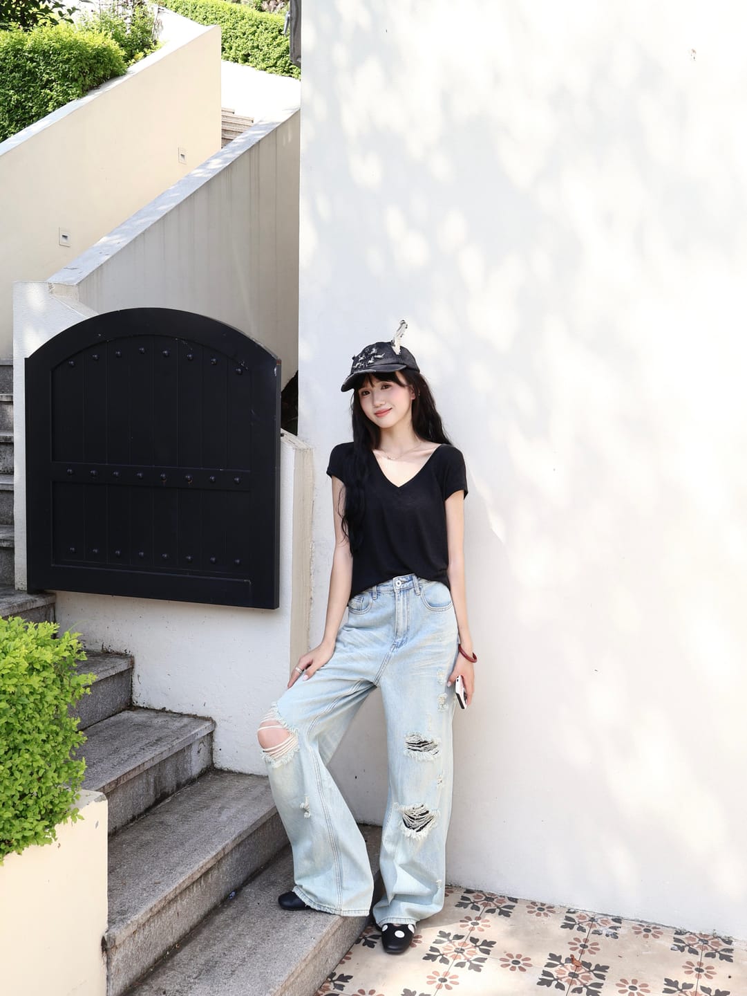 Customer photo review of ROVENTE Sheer Draped Deep-V Slim Tee