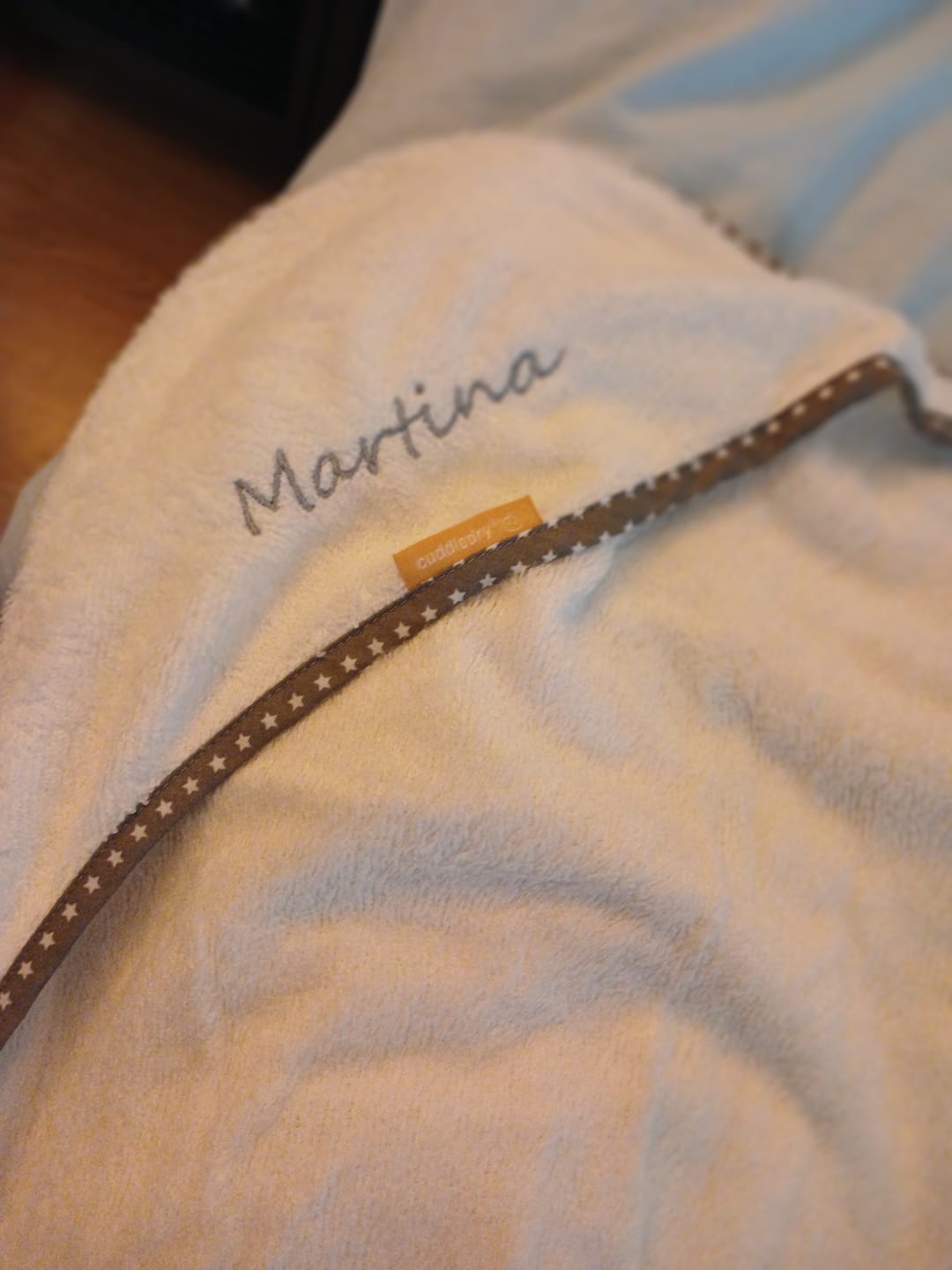 Customer photo review of Cuddledry | hands free baby towel | gray | personalised