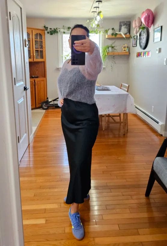 Customer photo review of Anais High Waist Black Satin Midi Skirt