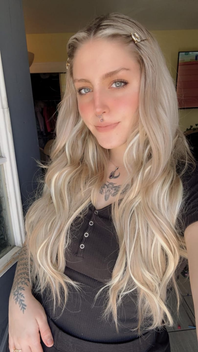 Customer photo review of Virgin Flat Silk Weft Hair Extensions Pink Blonde Highlights #P18/613