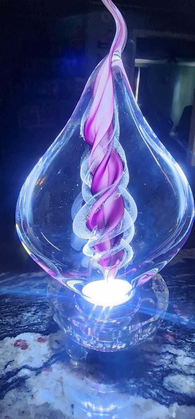 Customer photo review of Illuminated Memorial Glass Flame with Cremation Ashes