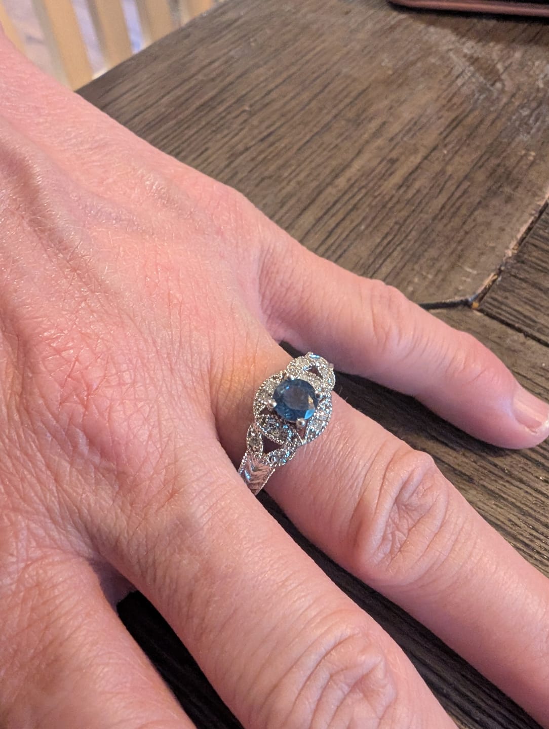 Customer photo review of Vintage Platinum Blue Sapphire Diamond Fantastic Blooming Halo Ring 6.75