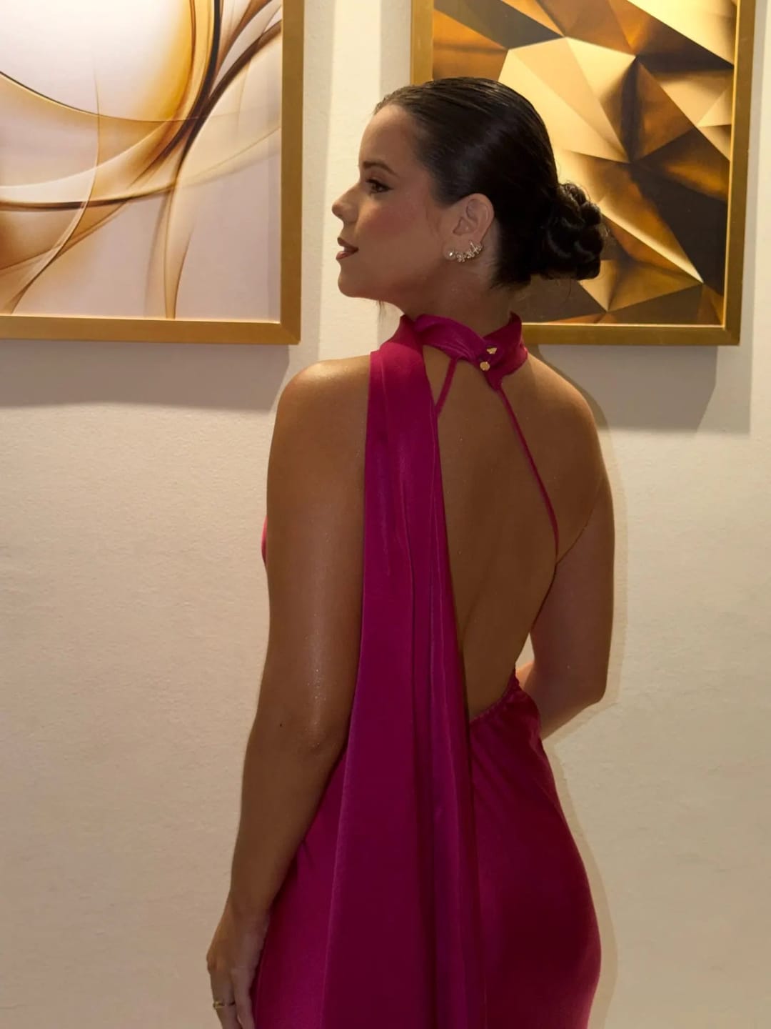 Customer photo review of Beatrice Halter Backless Silk Satin Maxi Dress