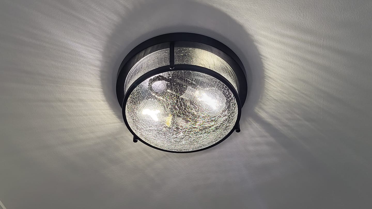 Customer photo review of Industrial Black Round Crackled Glass Flush Mount Light