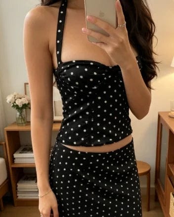 Customer photo review of Una Polka Dot Halter Crop Top Maxi Skirt Set