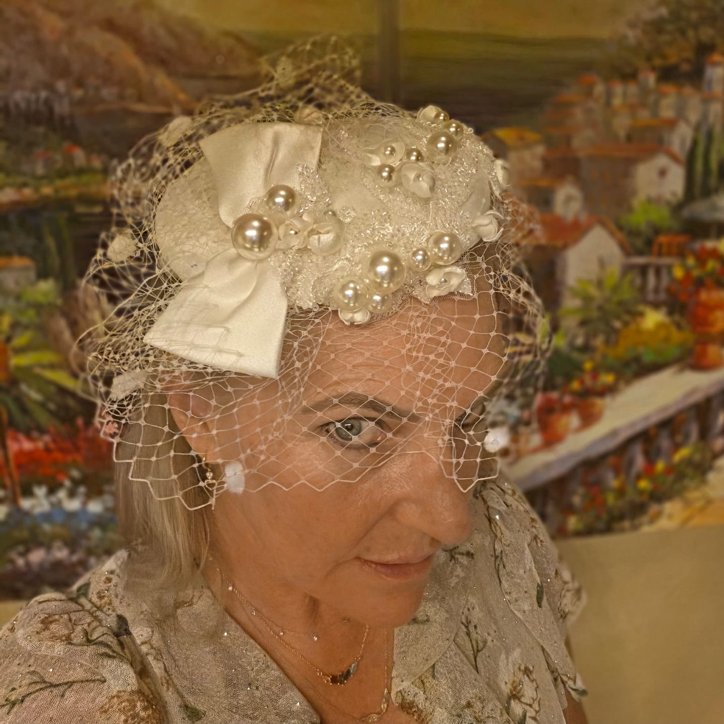 Customer photo review of White Pearl Mesh Bow Vintage Hat