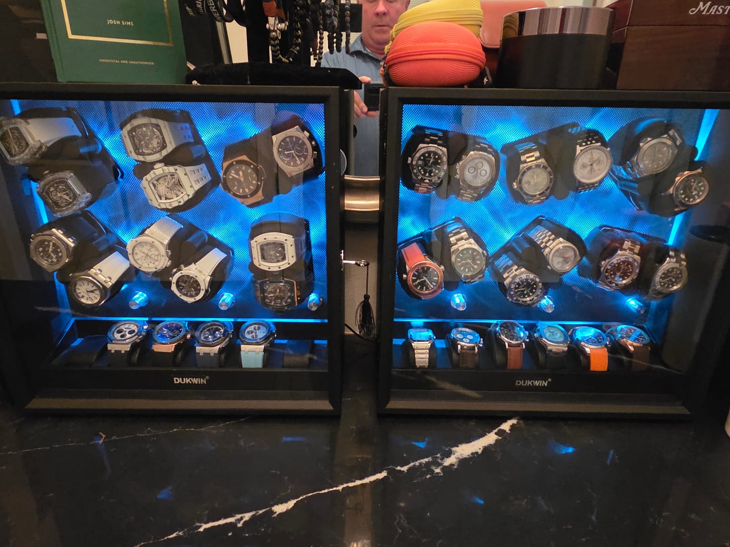 Customer photo review of 12 Watch Winders for Automatic Watches with 6 Extra Storage Aurora Blue LED Light - Black