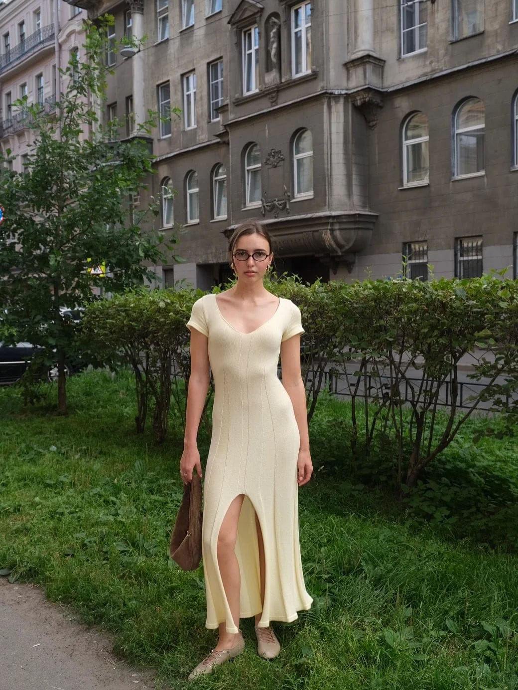 Customer photo review of Suri Ribbed Knit Maxi Dress Deep V-Neck High Slit