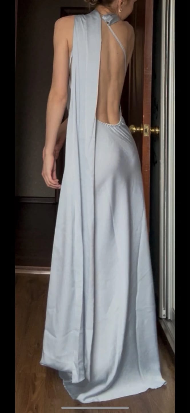 Customer photo review of Demetra Satin Halter Backless Evening Gown