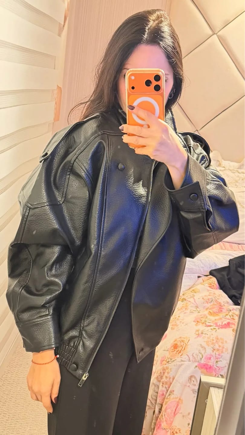 Customer photo review of Marnie Black Vegan Leather Moto Jacket