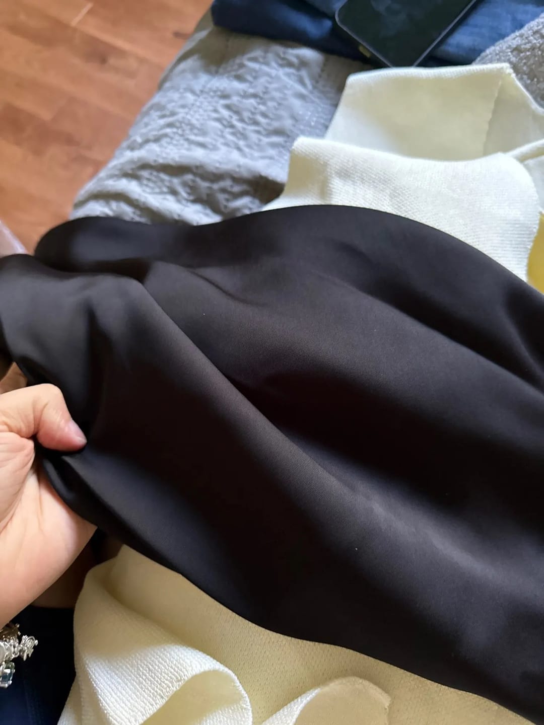 Customer photo review of Anais High Waist Black Satin Midi Skirt