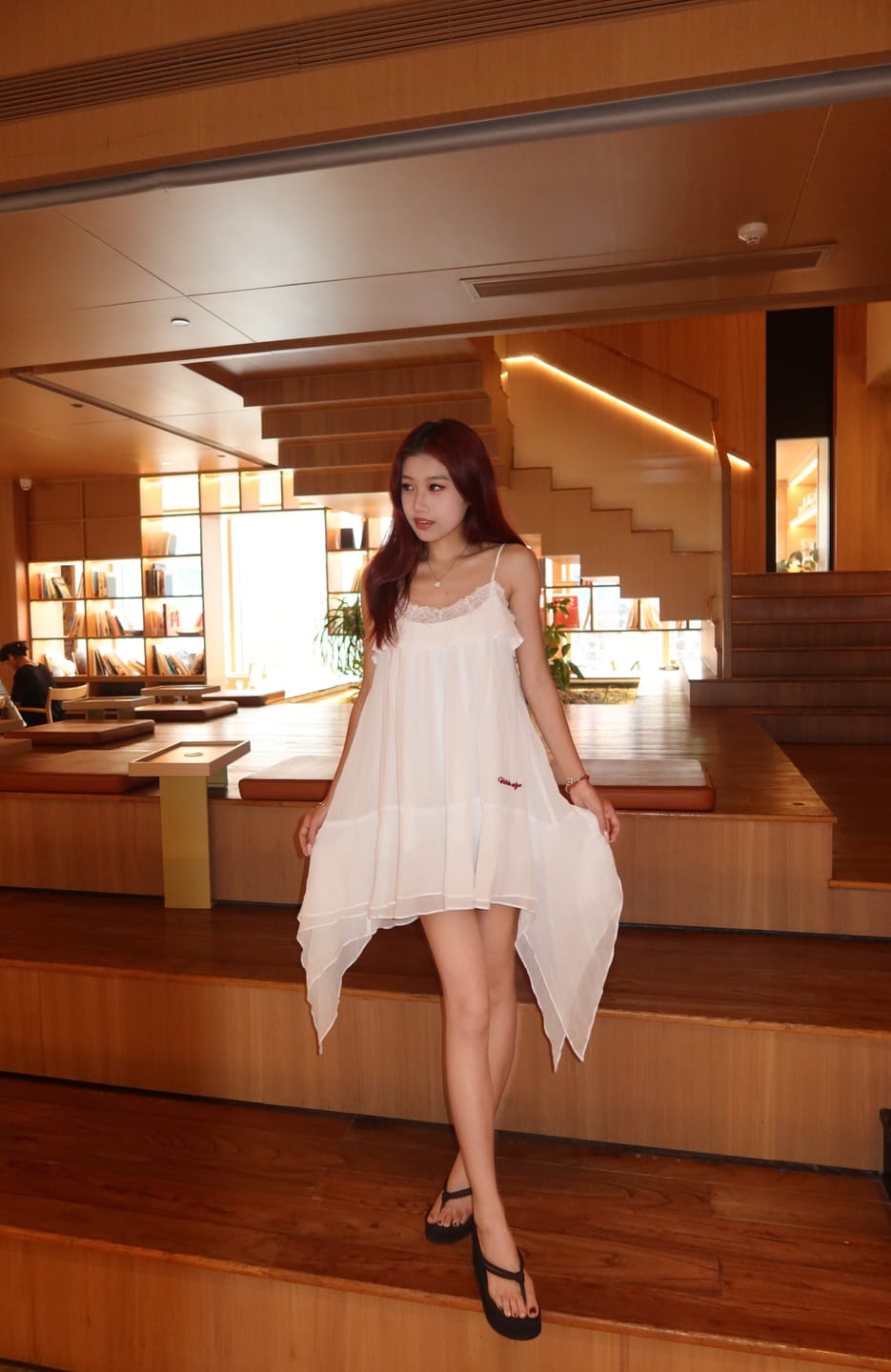 Customer photo review of WARDEN EDGE Lace Trim Asymmetric Hem Slip Dress Layered Ruffle Chiffon Mini Dress