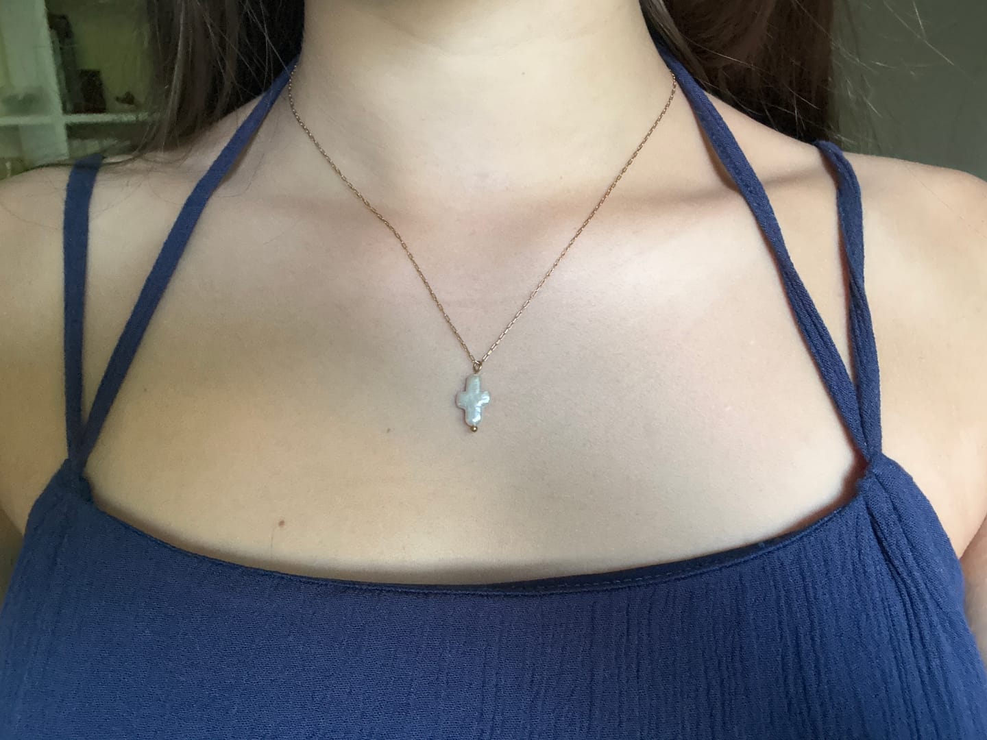 Customer photo review of Mini Pearl Cross Necklace