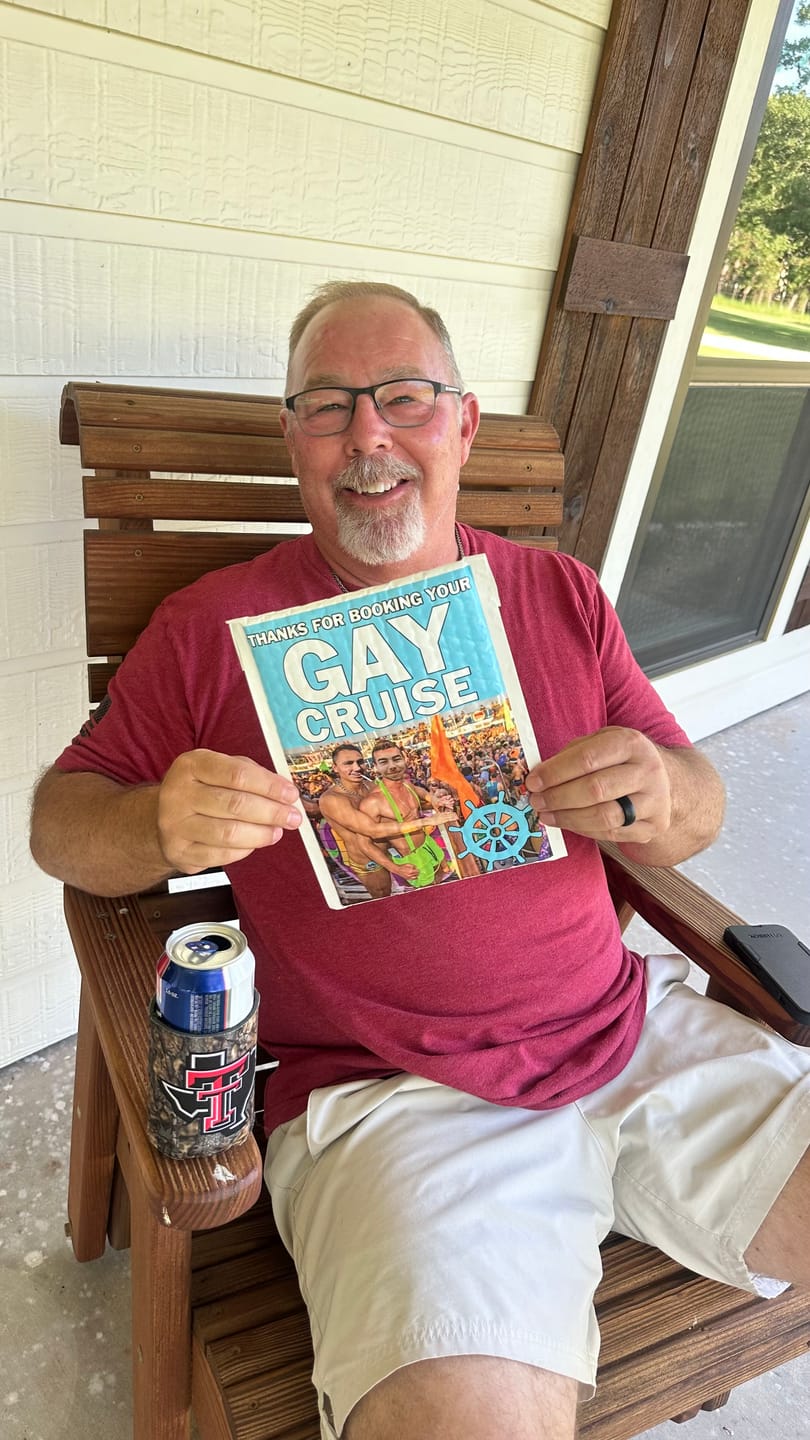 Customer photo review of Want to Prank a Friend with a Gay Cruise Prank Package?