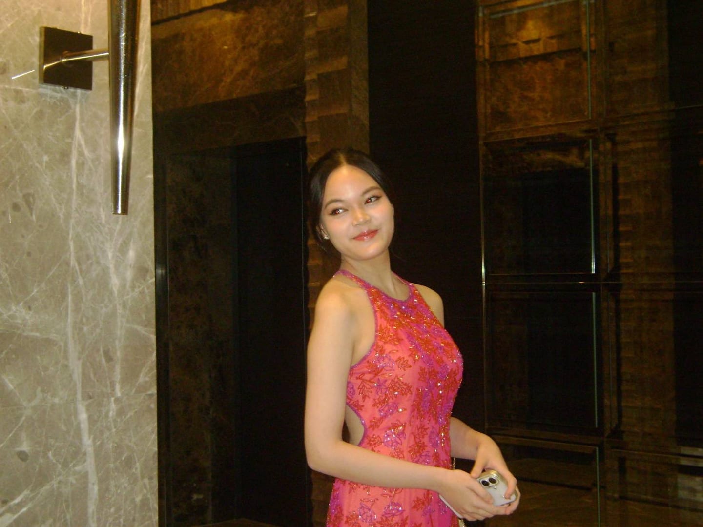 Customer photo review of V251 Vintage Fuchsia Beaded Halter Backless Gown (XS–S)