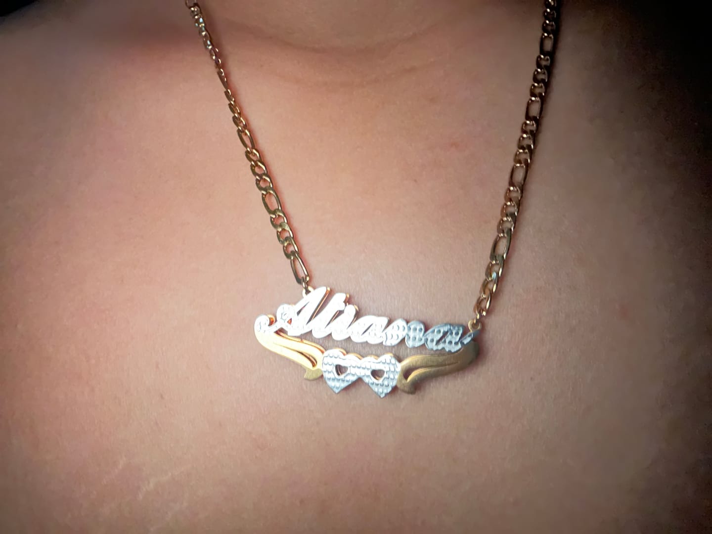Customer photo review of Double Plated Hearts Name Necklace w/ Figaro Chain
