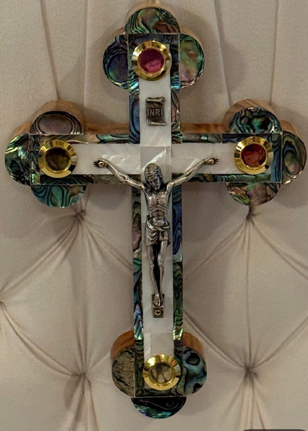 Customer photo review of Olive Wood Crucifix (Fully covered with Mother of Pearl) - Holy Land Crucifixes