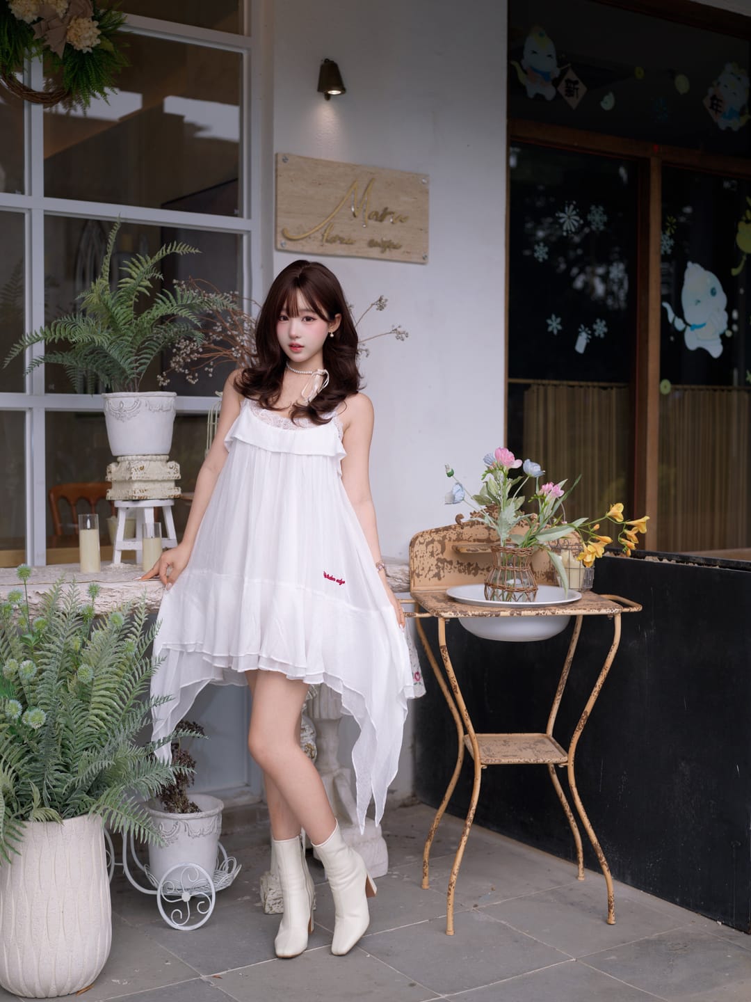 Customer photo review of WARDEN EDGE Lace Trim Asymmetric Hem Slip Dress Layered Ruffle Chiffon Mini Dress