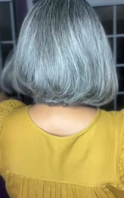Customer photo review of Luvwin 5x5 Salt And Pepper Glueless Gray Color Pre-Cut Lace Straight Bob Wig For Black Women