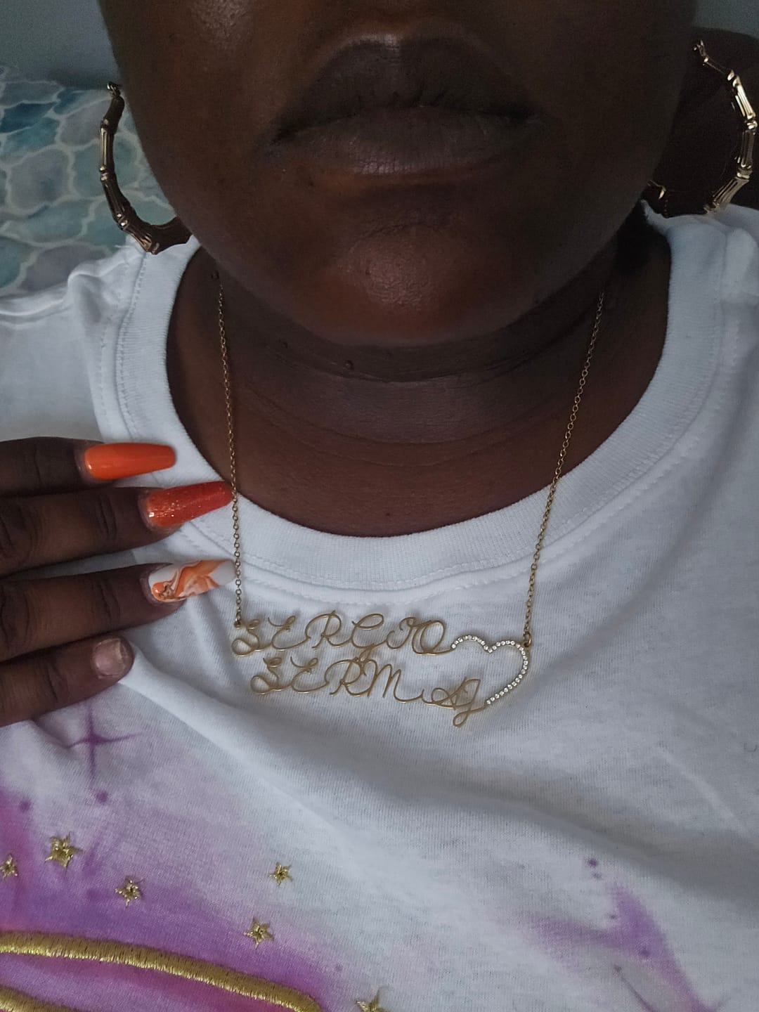 Customer photo review of Iced Heart Double Script Name Necklace