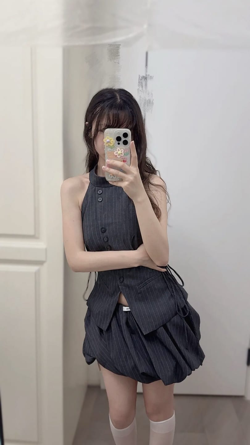 Customer photo review of WARDEN EDGE Raw Edge Pinstripe Halter Top & Volume Bubble Mini Skirt Set