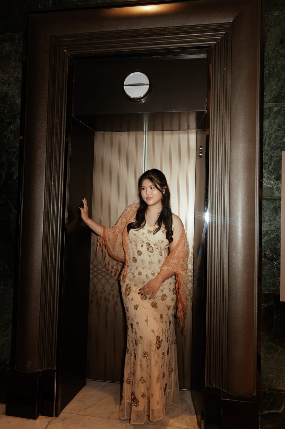 Customer photo review of V213 Vintage Mac Duggal Soft Bloom Beaded Gown (L–XL)
