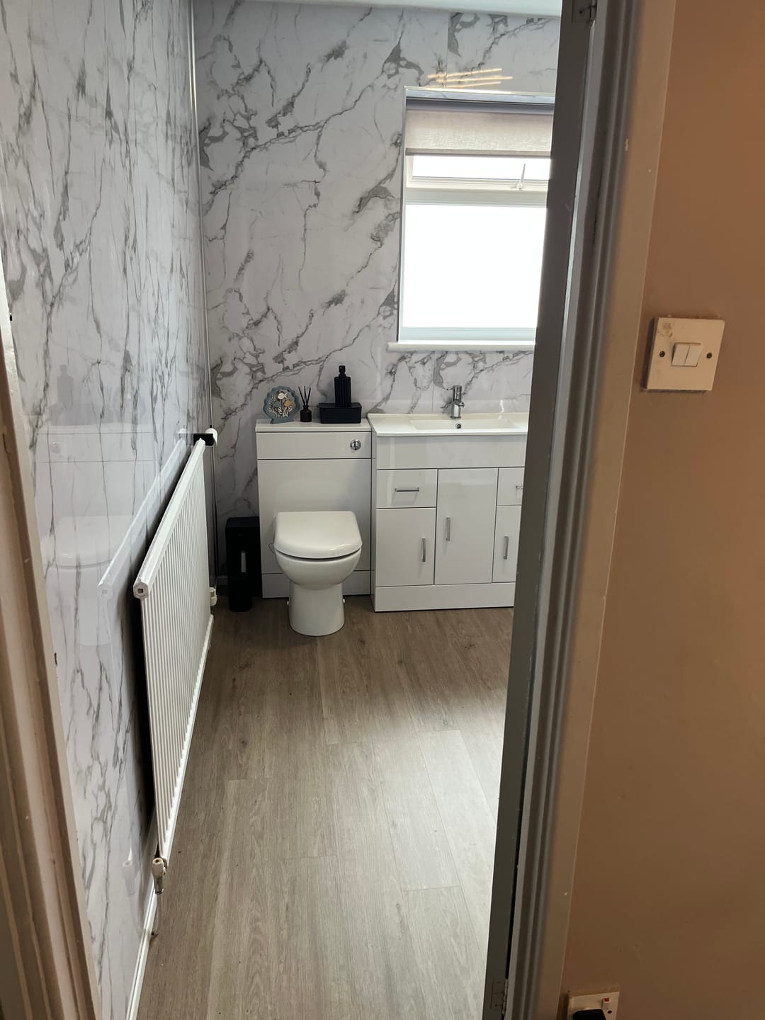 Customer photo review of Premium White Calacatta Gloss Shower Wall Panel – 1M x 2.4M