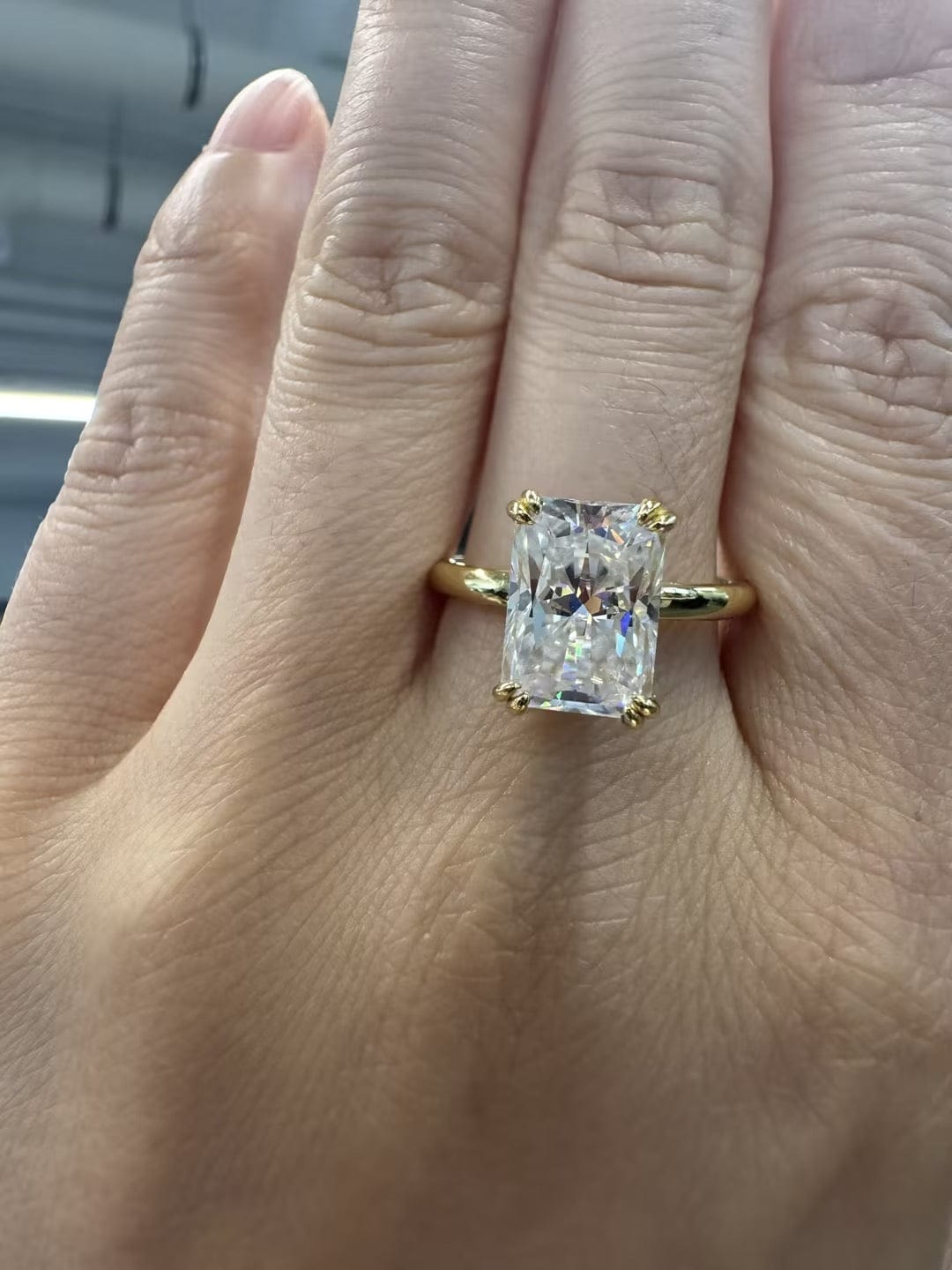 Customer photo review of S925 Moissanite 3.5Ct Radiant Cut Hidden Halo Engagement Ring 18K Yellow Gold Plated Promise Wedding Ring For Women