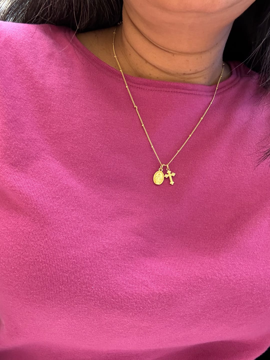 Customer photo review of Cross & Our Lady Dual Pendant Golden Necklace: Embody His Grace and Maternal Care