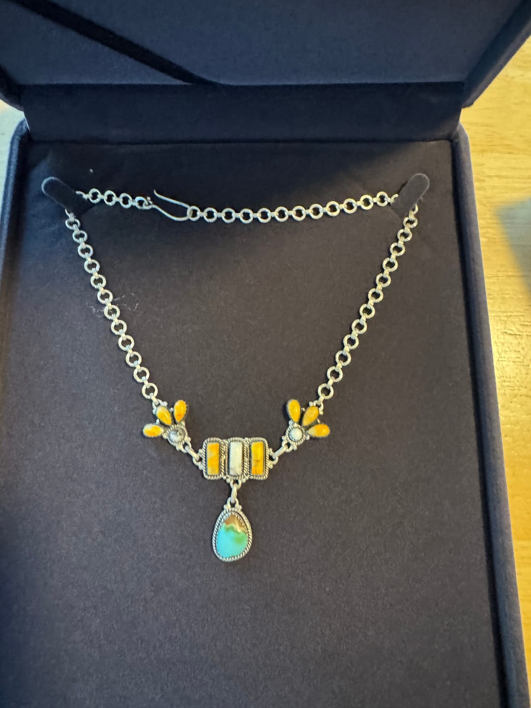 Customer photo review of Handmade Sterling Silver Spring Collection: White Buffalo with Bumblebee & Sonoran Mountain Turquoise Necklace "Signed Nizhoni"