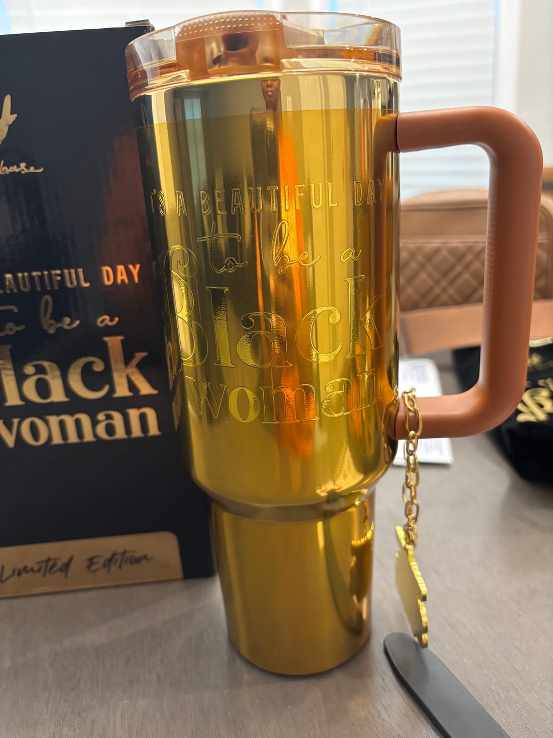 Customer photo review of Limited Edition "Golden Goddess" HydraLock™ Leakproof Tumbler – 40oz – It's a Beautiful Day to Be a Black Woman