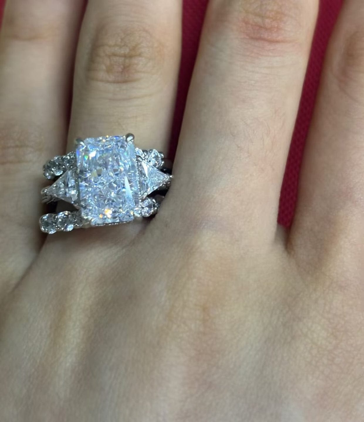 Customer photo review of S925 3PC 5.0Ct Radiant Cut Wedding Ring Set White Gold Side Stone Engagement Rings With 2PC Pavé Wedding Band