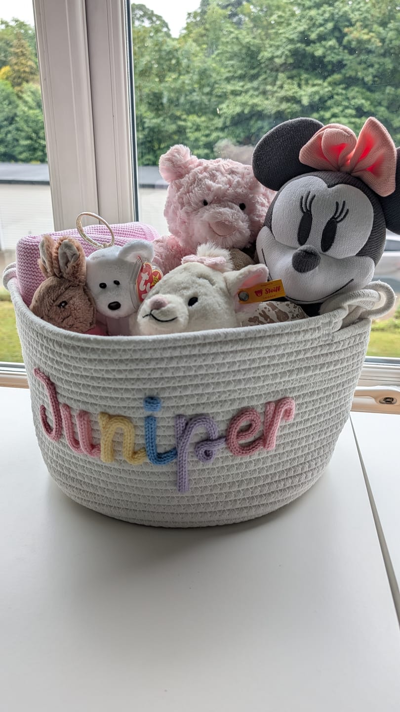 Customer photo review of Baby Knits™  Multicolor Personalized Knitted Basket