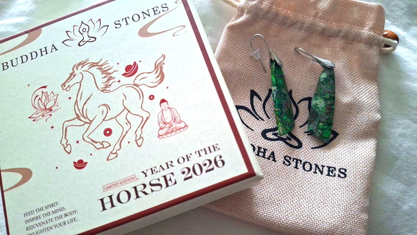 Customer photo review of Buddha Stones Natural Emperor Stone Geometric Crystal Anti-Stress Earrings