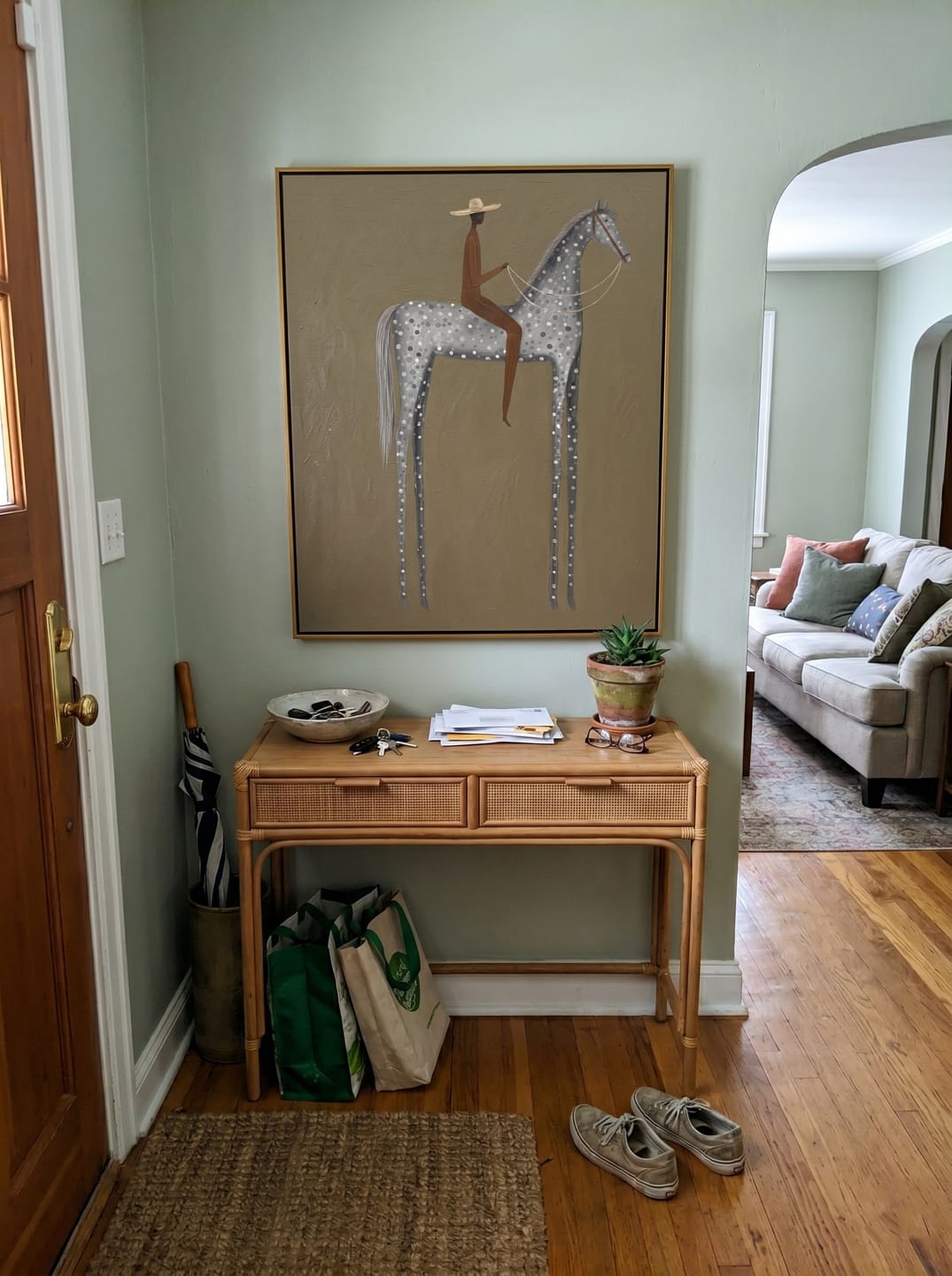 Customer photo review of The Grey Dapple – Vintage Americana Rider on Dappled Grey Horse Painting | Contemporary Wabi-Sabi Living Room Art