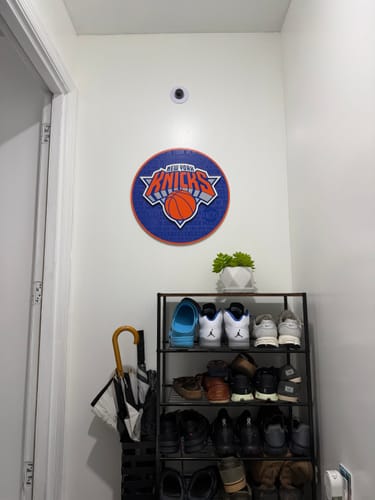 Reviewer's New York Knicks 3D vintage wall art hanging on a white wall above a shoe rack.