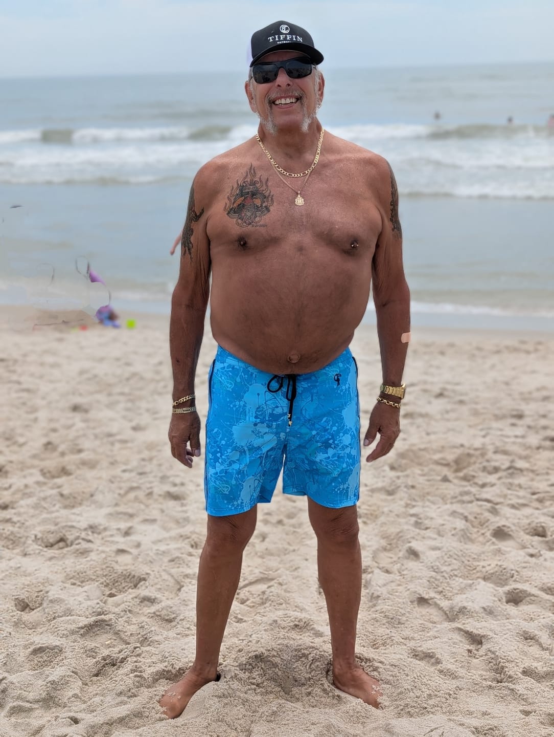 Customer photo review of Splatter Swim Shorts Blue - 7"